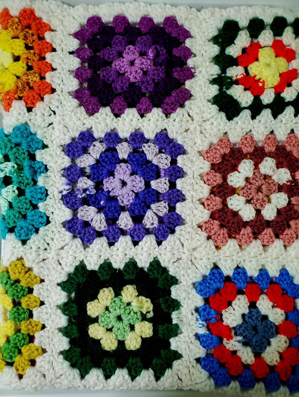 Handmade Multicolor Crochet Granny Square Throw Blanket - White Accents